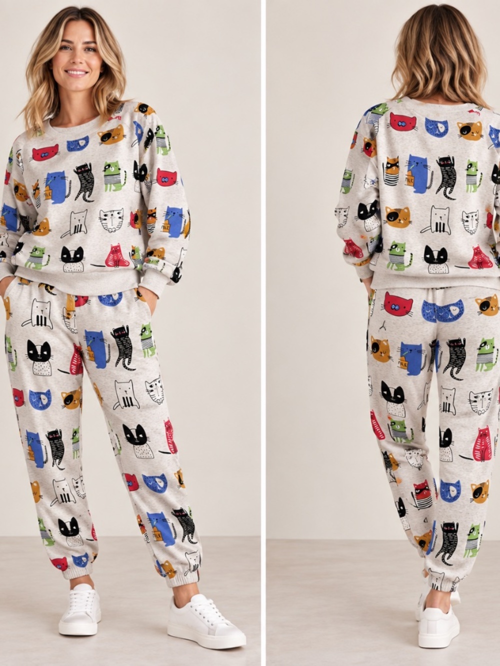 Cat Print Fleece Lined Sweatshirt & Jogger Set M/S